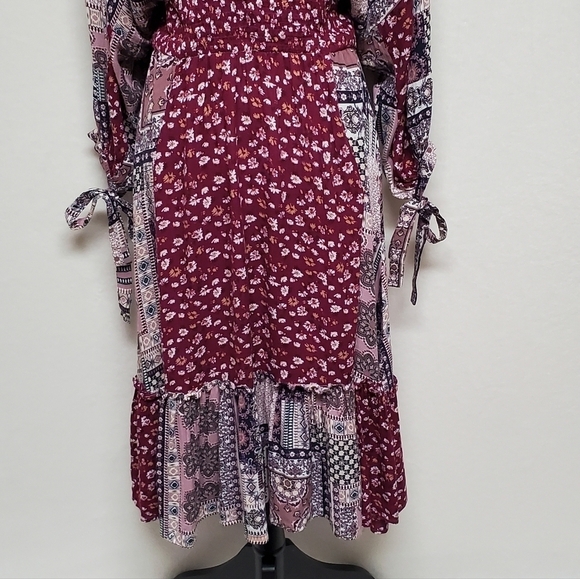 BOHO Anthropologie GiGiO USA Wine Floral Mixed Print Surplice V-neck Dress Small - Picture 5 of 14